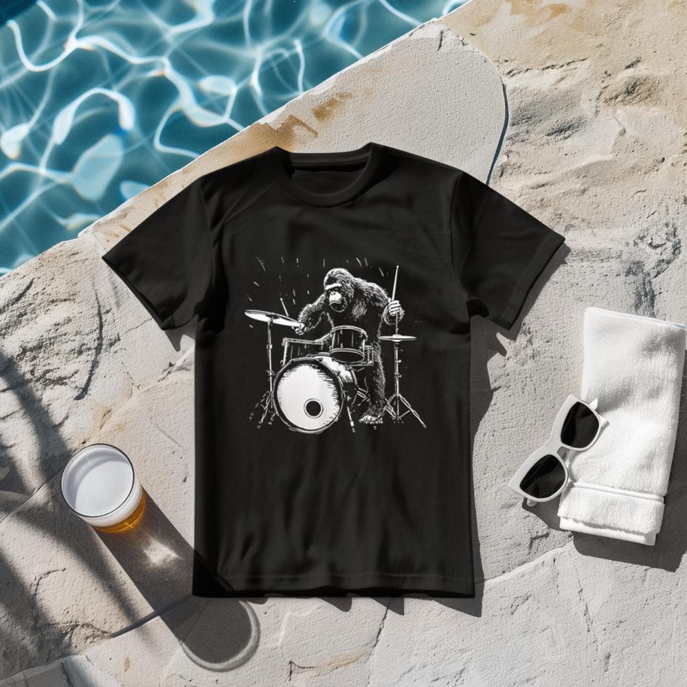 Bigfoot Playing Drums Funny Gorilla Monkey Drumming Drummer T-Shirt