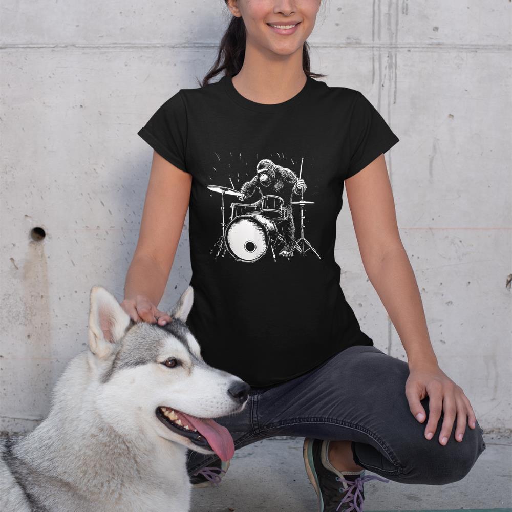 Bigfoot Playing Drums Funny Gorilla Monkey Drumming Drummer T-Shirt
