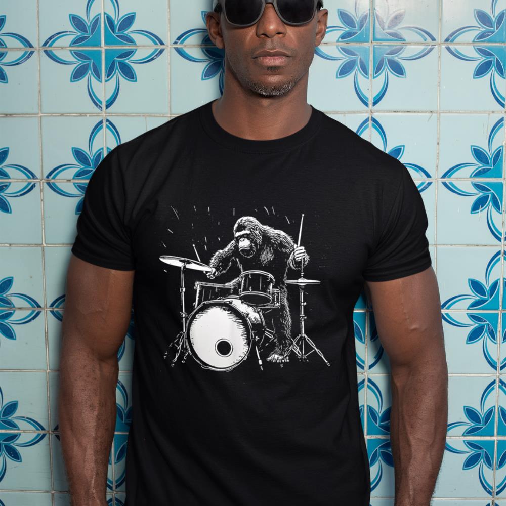 Bigfoot Playing Drums Funny Gorilla Monkey Drumming Drummer T-Shirt