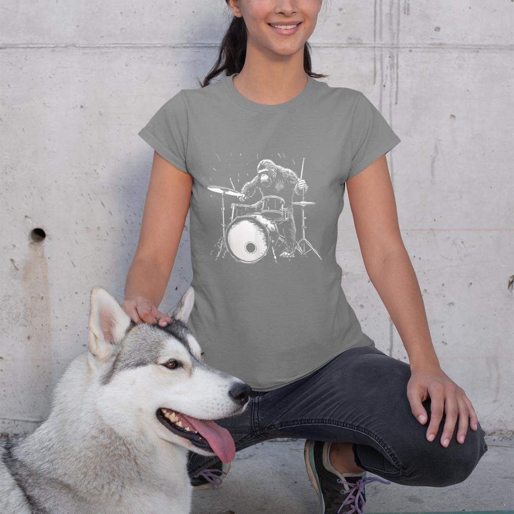 Bigfoot Playing Drums Funny Gorilla Monkey Drumming Drummer T-Shirt