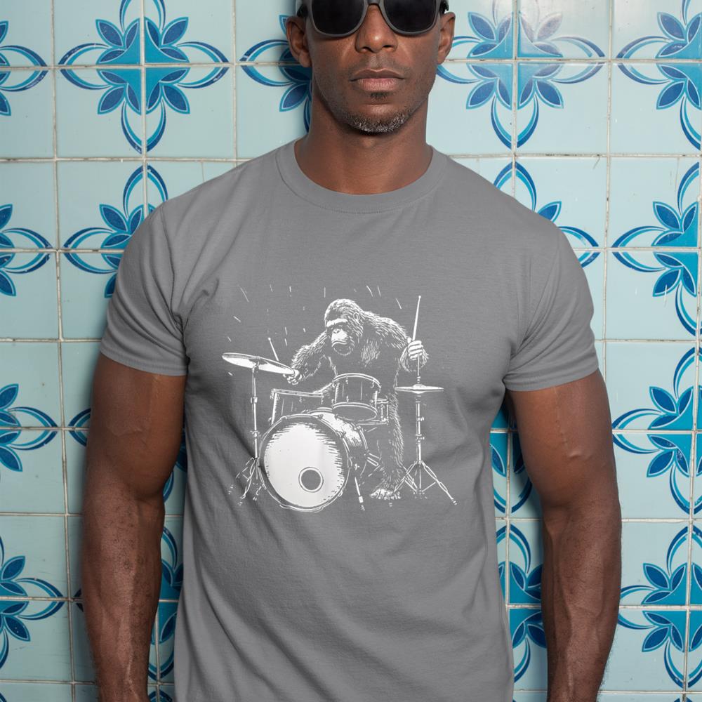Bigfoot Playing Drums Funny Gorilla Monkey Drumming Drummer T-Shirt
