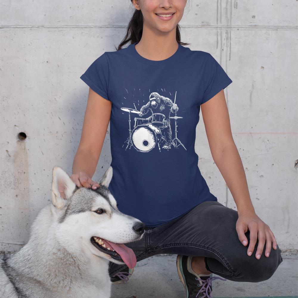 Bigfoot Playing Drums Funny Gorilla Monkey Drumming Drummer T-Shirt
