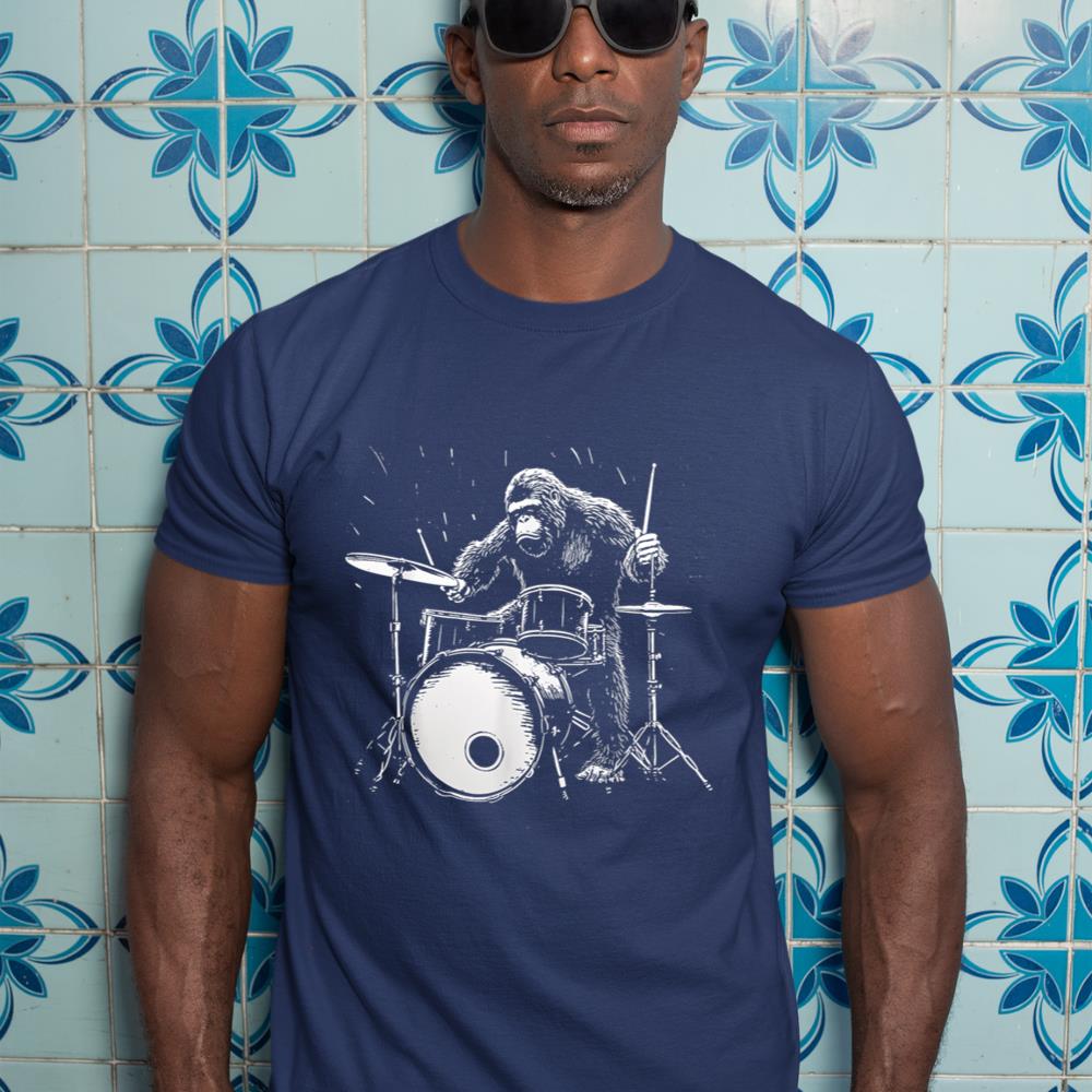 Bigfoot Playing Drums Funny Gorilla Monkey Drumming Drummer T-Shirt