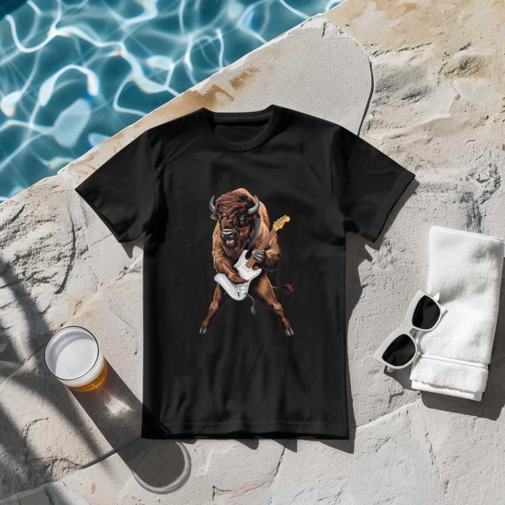 Buffalo Playing Electric Guitar Funny American Bison Lover T-Shirt