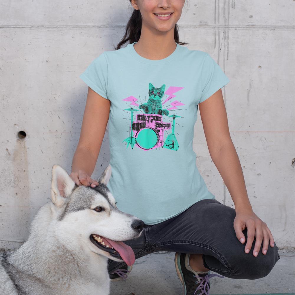 Cat Playing Drums Abstract Retro Style Graphic T-Shirt
