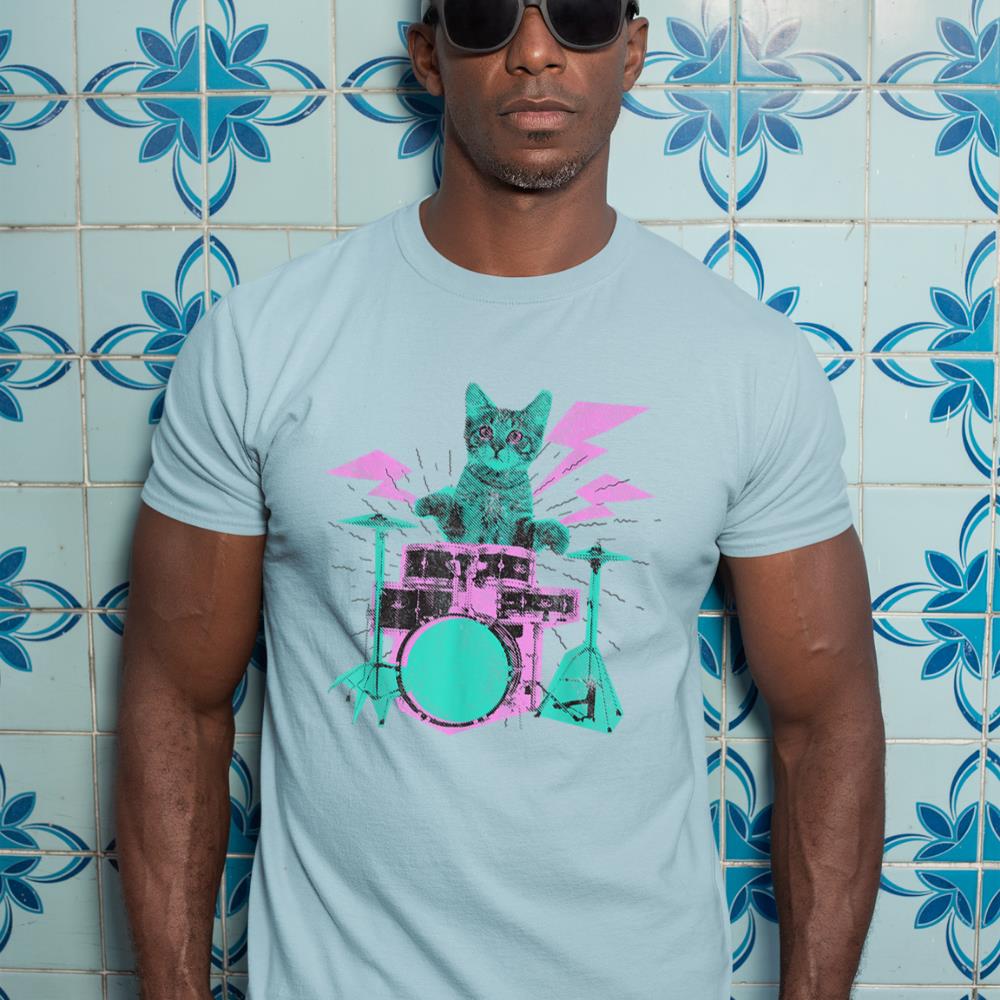 Cat Playing Drums Abstract Retro Style Graphic T-Shirt