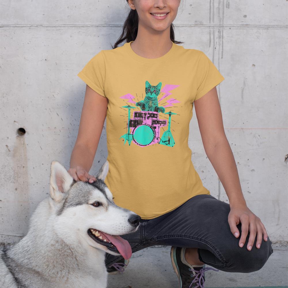 Cat Playing Drums Abstract Retro Style Graphic T-Shirt