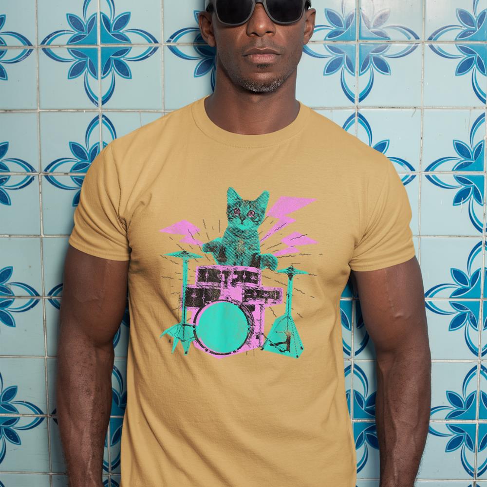 Cat Playing Drums Abstract Retro Style Graphic T-Shirt