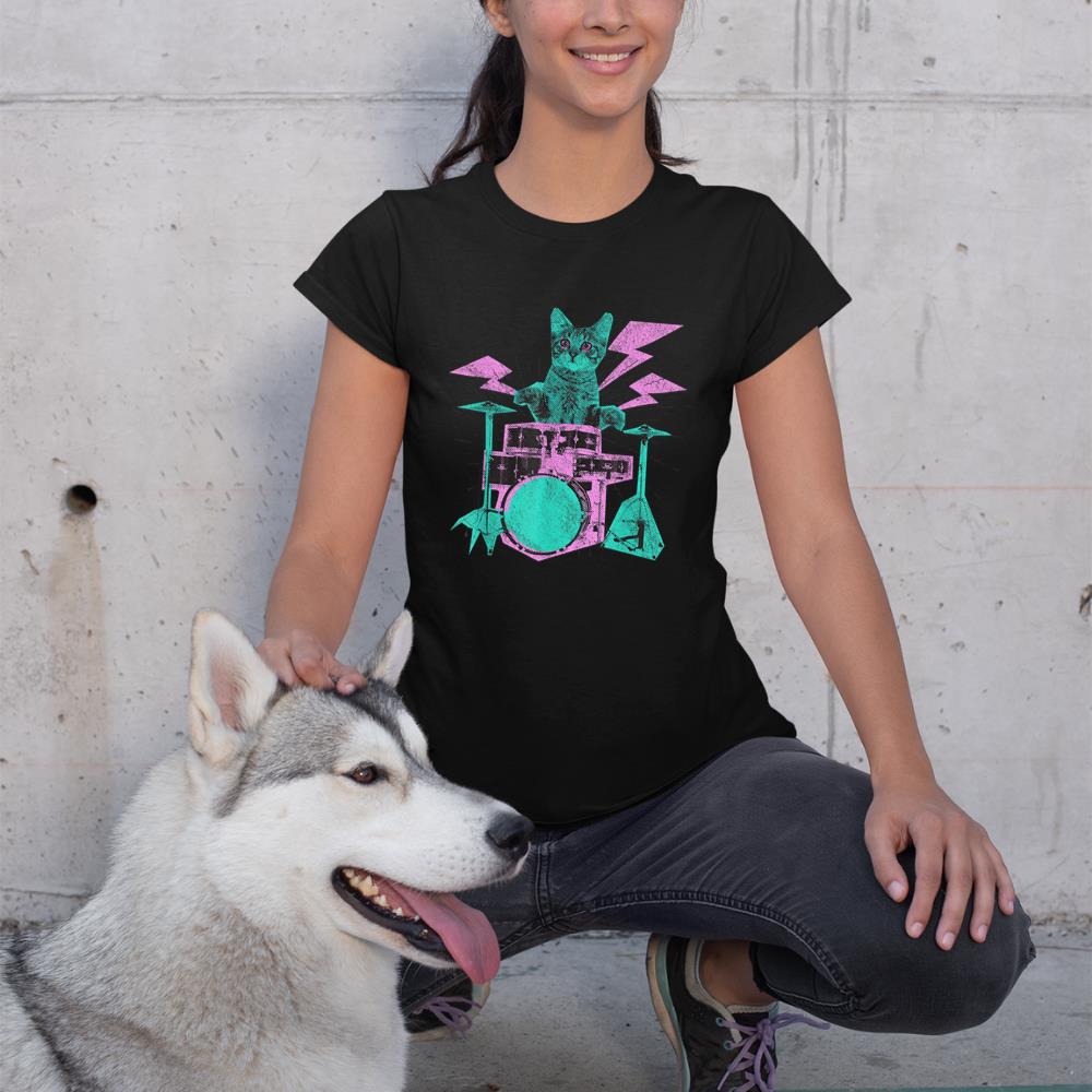 Cat Playing Drums Abstract Retro Style Graphic T-Shirt