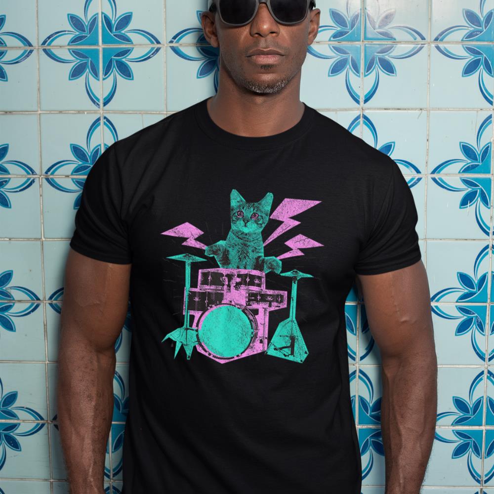 Cat Playing Drums Abstract Retro Style Graphic T-Shirt
