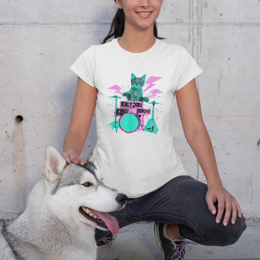 Cat Playing Drums Abstract Retro Style Graphic T-Shirt