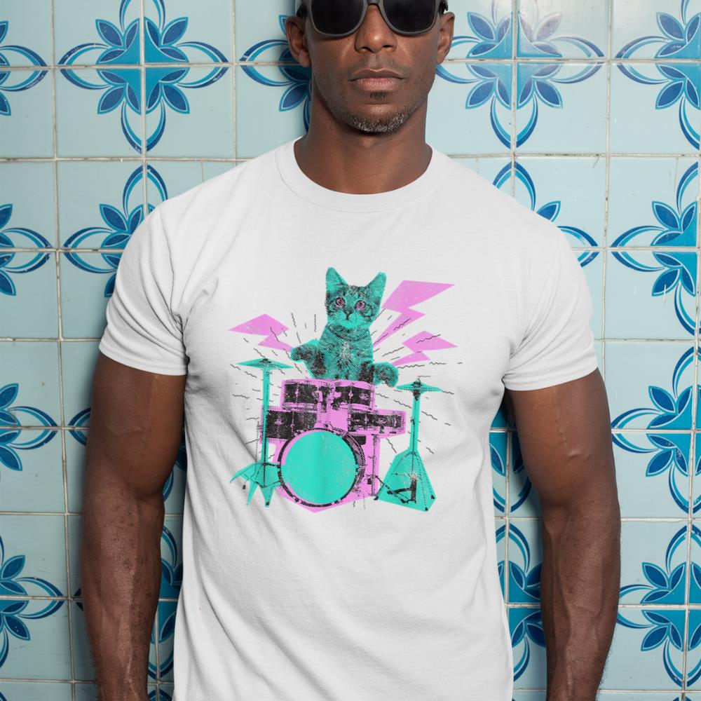 Cat Playing Drums Abstract Retro Style Graphic T-Shirt