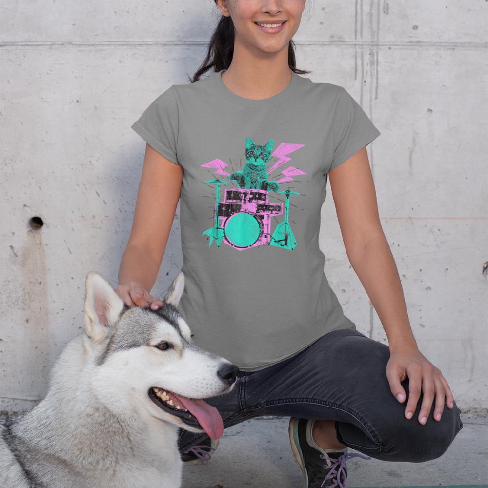Cat Playing Drums Abstract Retro Style Graphic T-Shirt