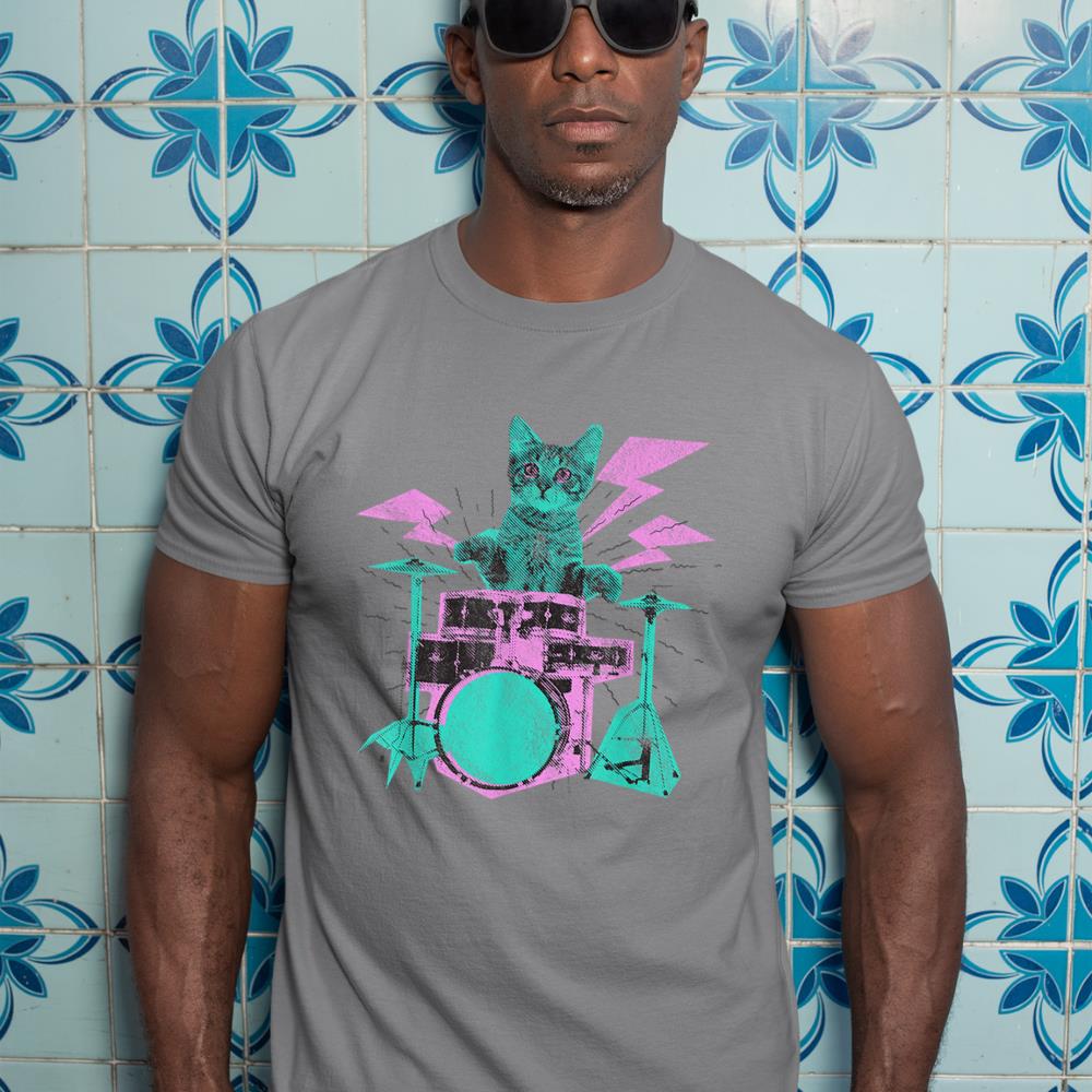 Cat Playing Drums Abstract Retro Style Graphic T-Shirt