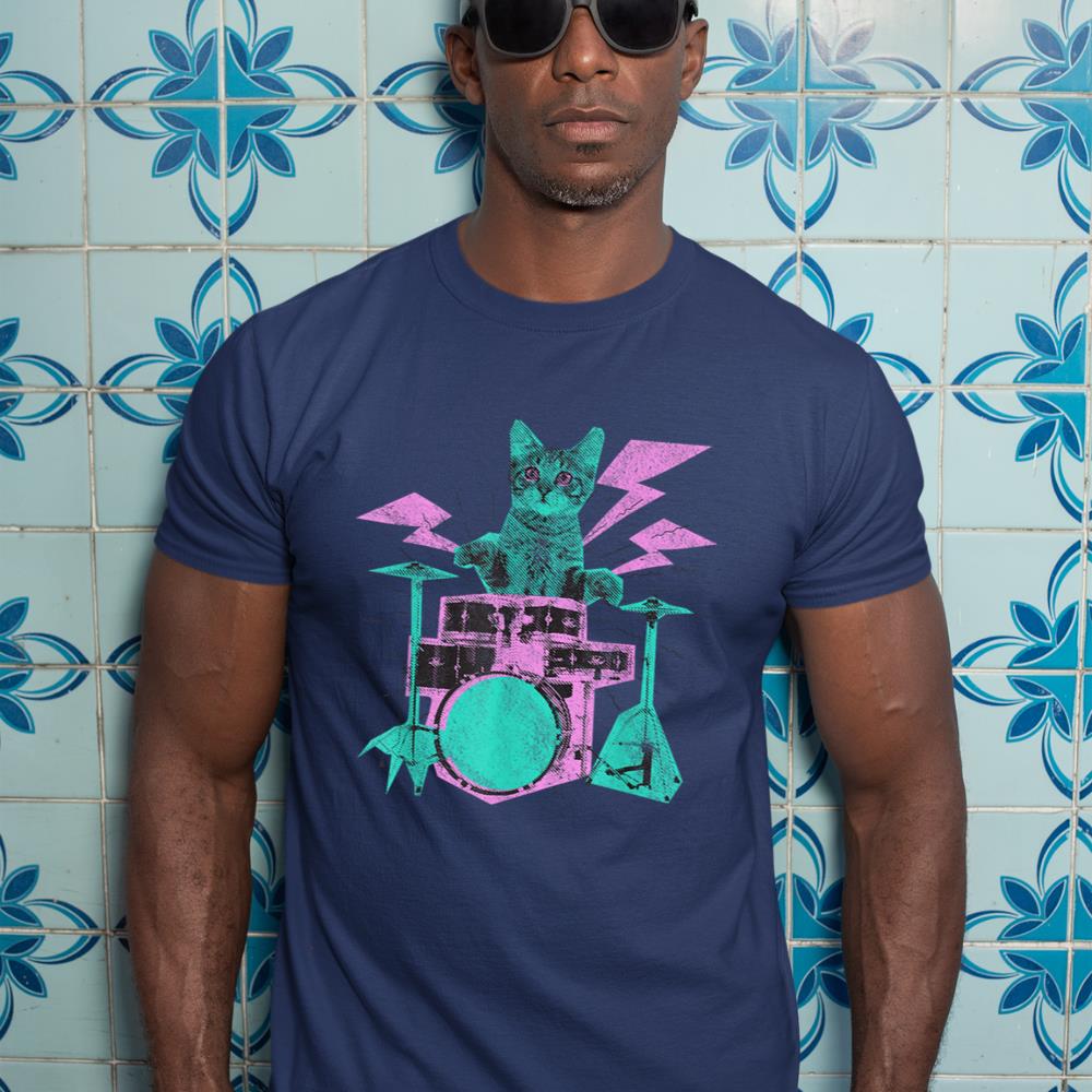 Cat Playing Drums Abstract Retro Style Graphic T-Shirt