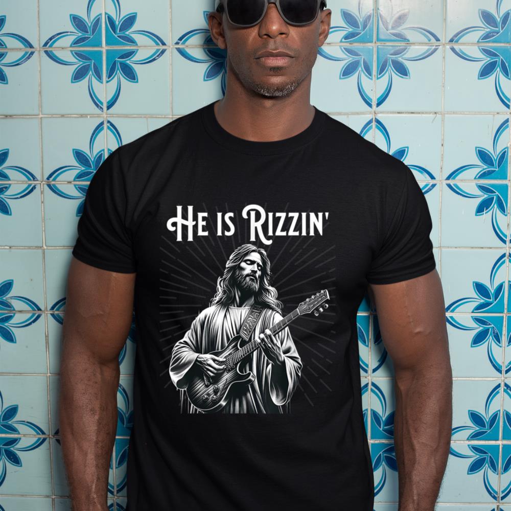 Funny Rizz Rif He is Rizzin Jesus Playing Guitar T-Shirt