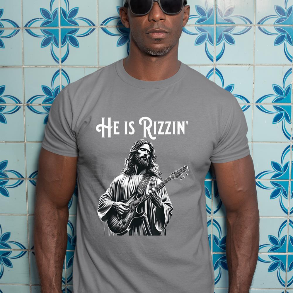 Funny Rizz Rif He is Rizzin Jesus Playing Guitar T-Shirt