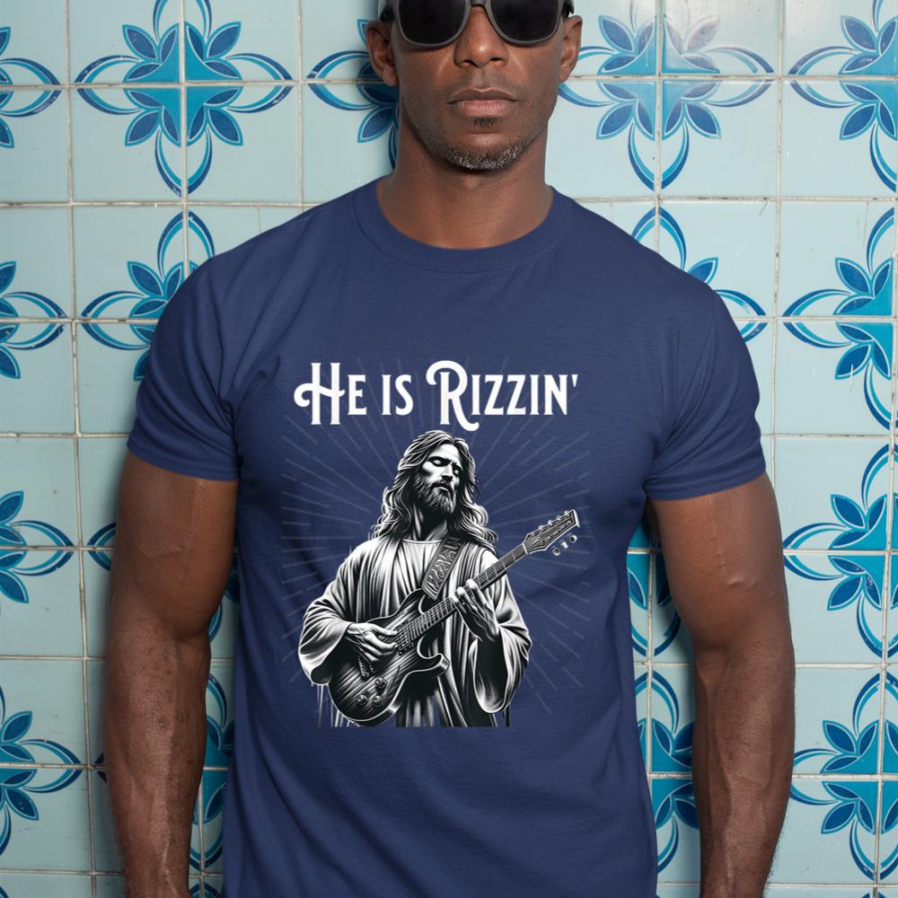 Funny Rizz Rif He is Rizzin Jesus Playing Guitar T-Shirt