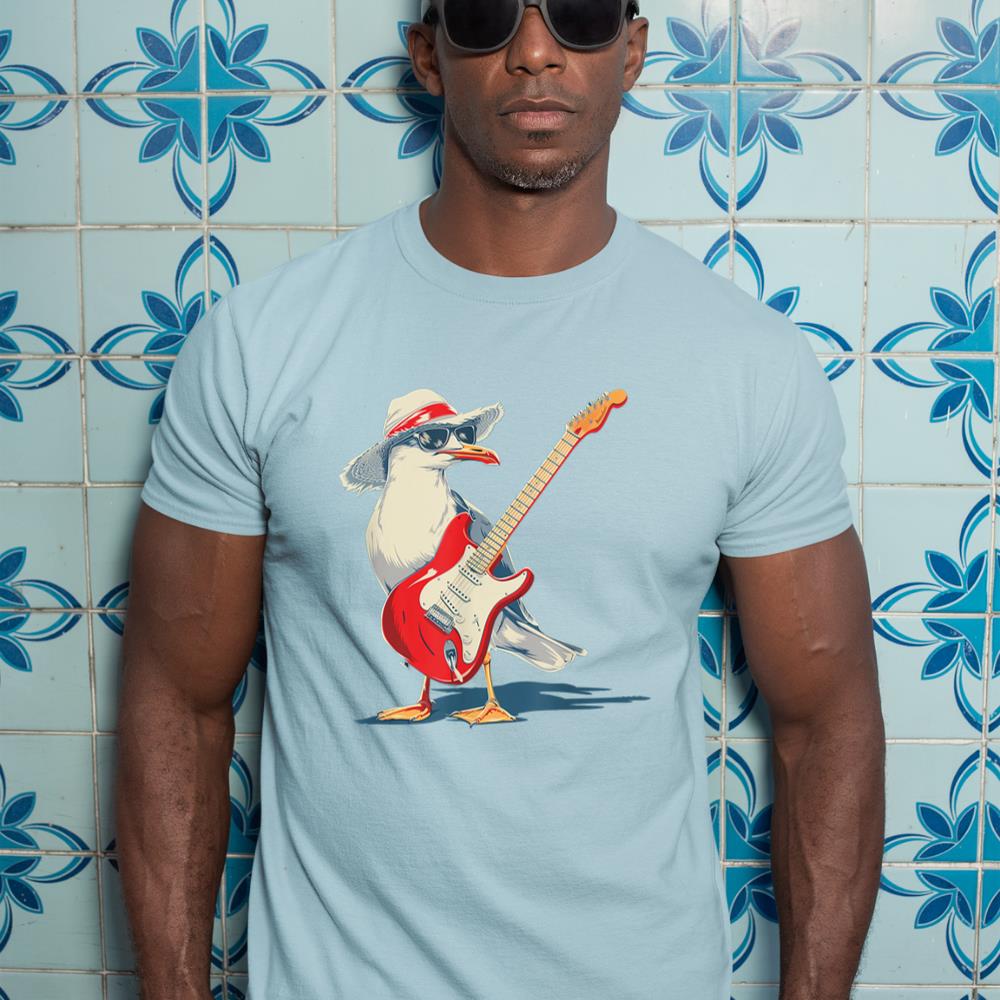 Funny Seagull with Beach Hat and electric Guitar T-Shirt