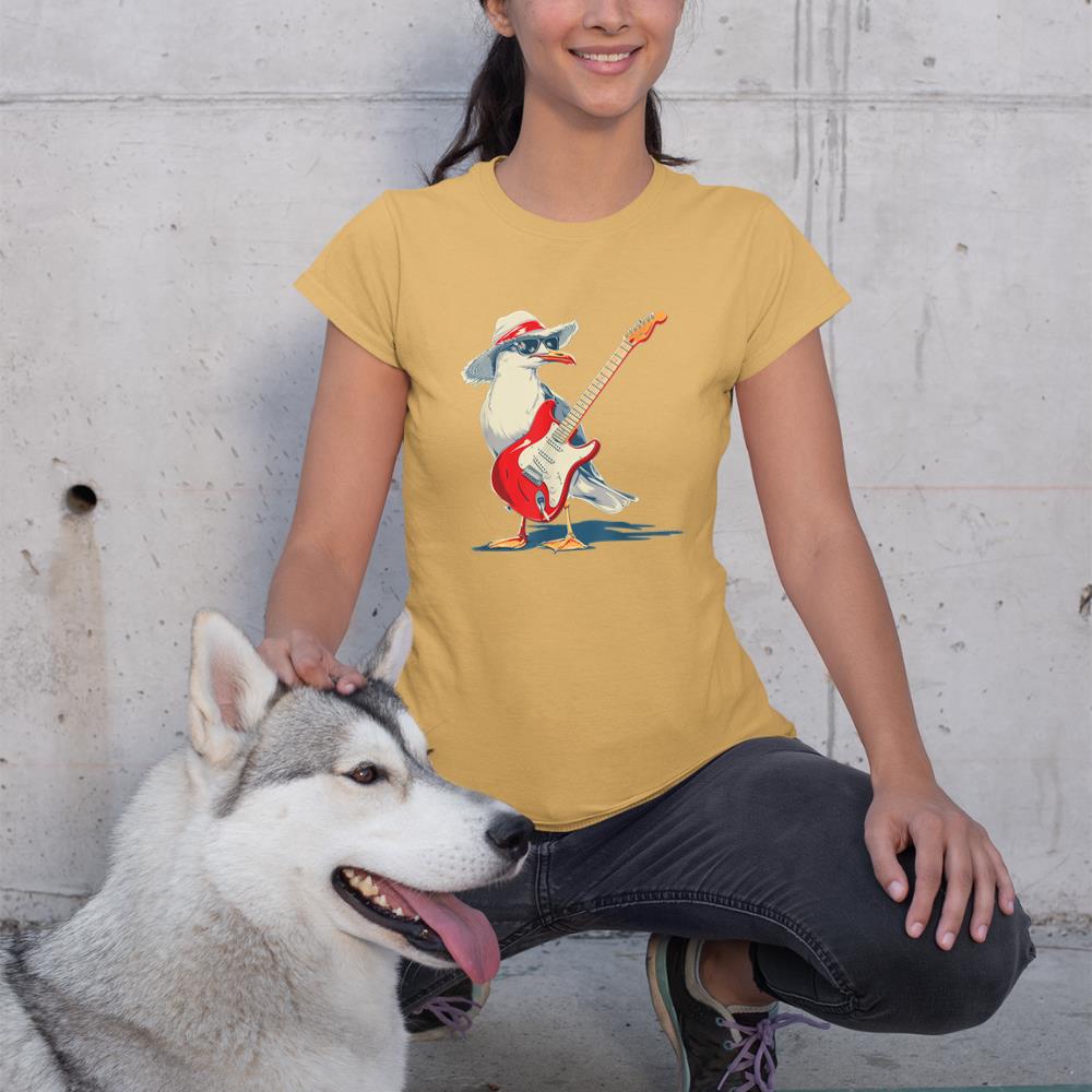 Funny Seagull with Beach Hat and electric Guitar T-Shirt