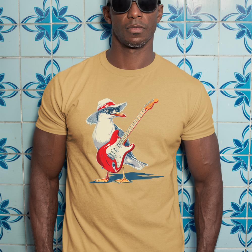 Funny Seagull with Beach Hat and electric Guitar T-Shirt