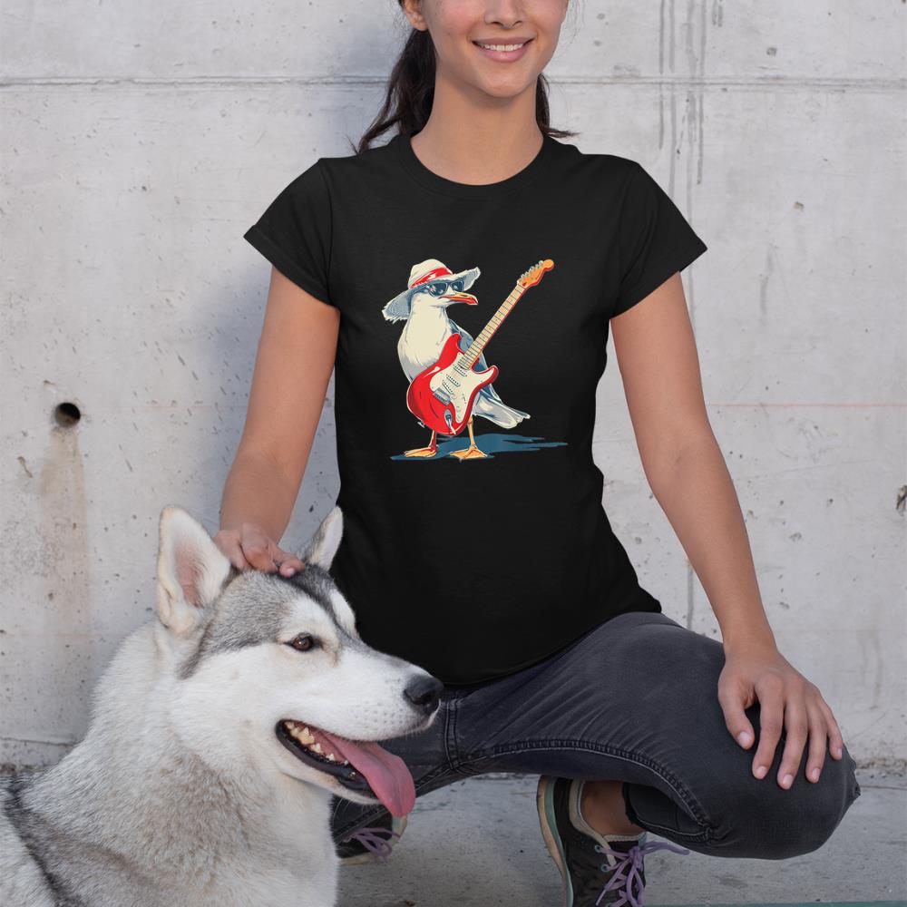 Funny Seagull with Beach Hat and electric Guitar T-Shirt