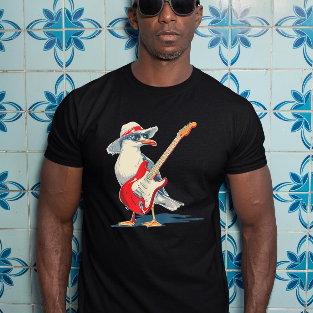 Funny Seagull with Beach Hat and electric Guitar T-Shirt