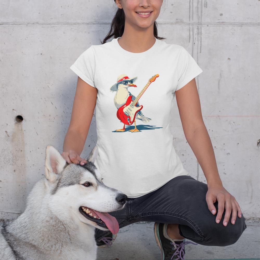 Funny Seagull with Beach Hat and electric Guitar T-Shirt