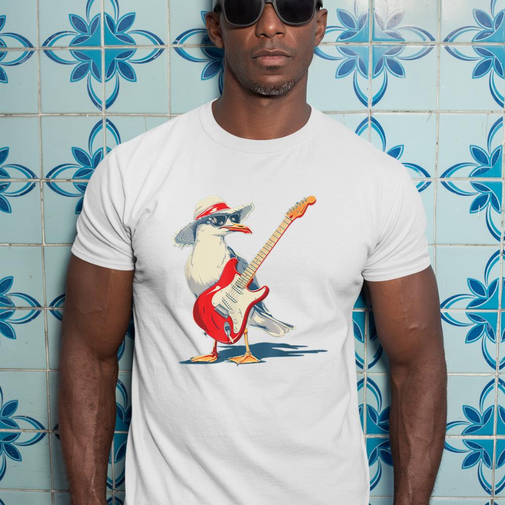 Funny Seagull with Beach Hat and electric Guitar T-Shirt