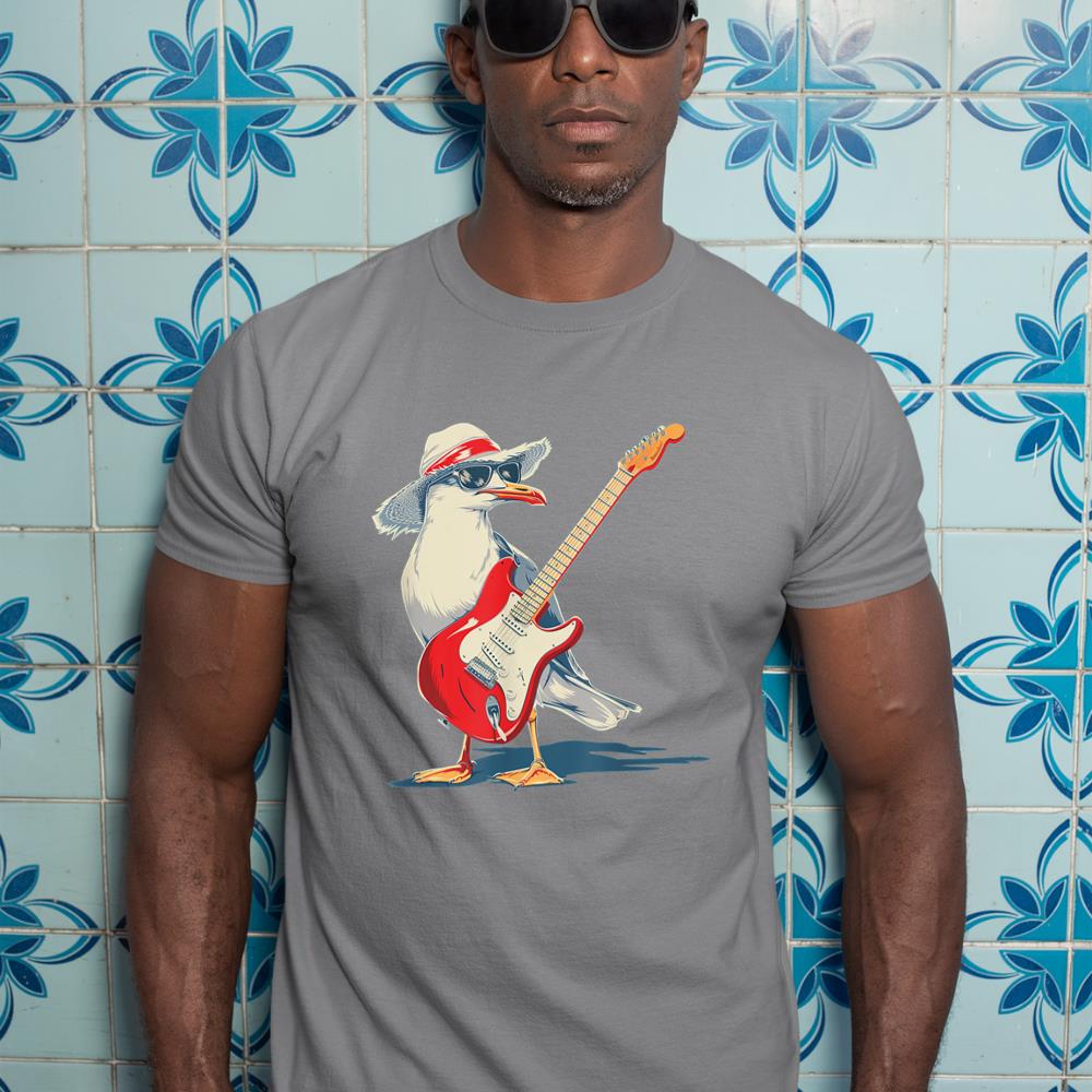 Funny Seagull with Beach Hat and electric Guitar T-Shirt