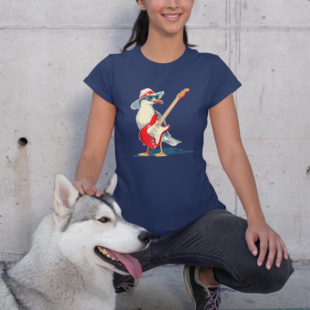Funny Seagull with Beach Hat and electric Guitar T-Shirt