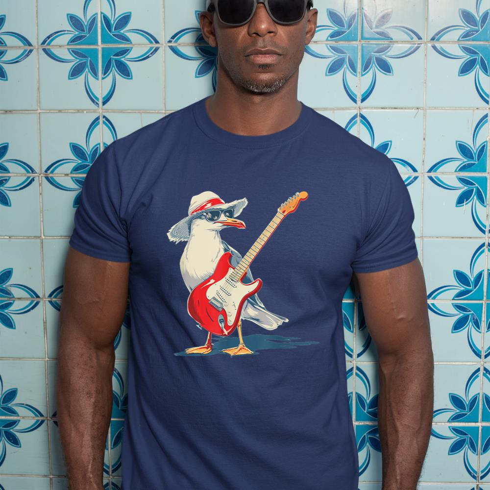 Funny Seagull with Beach Hat and electric Guitar T-Shirt