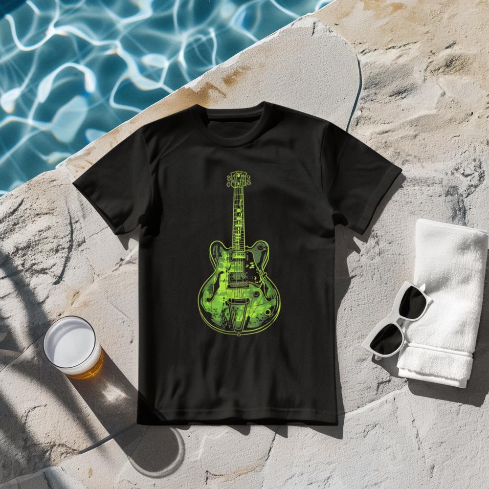 Green Electric Guitar Illustration Retro Rock Music Design T-Shirt