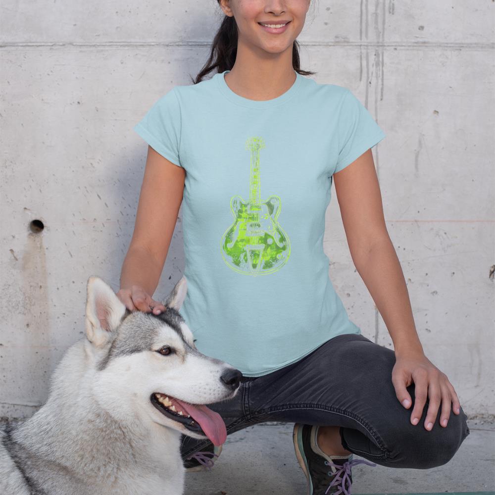 Green Electric Guitar Illustration Retro Rock Music Design T-Shirt