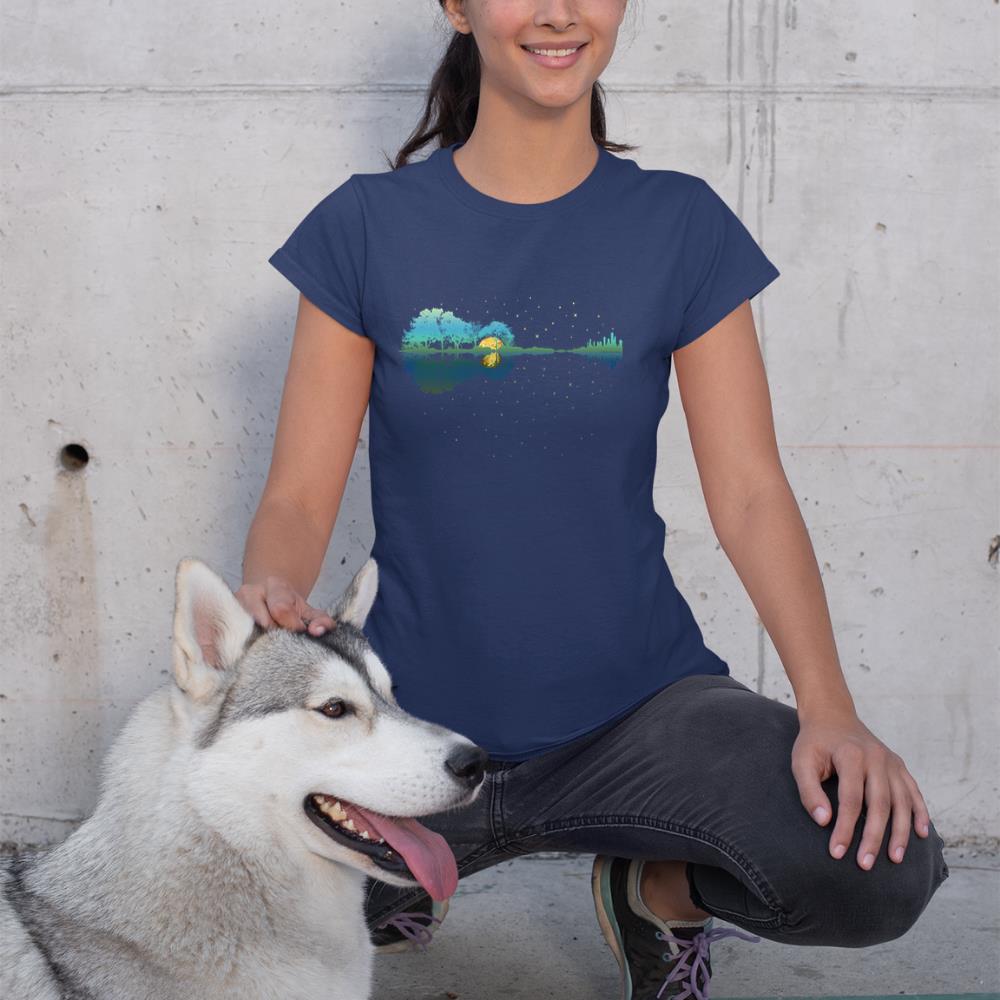 Guitar Lake Reflections Night Sky and Moon Guitar Long Sleeve T-Shirt