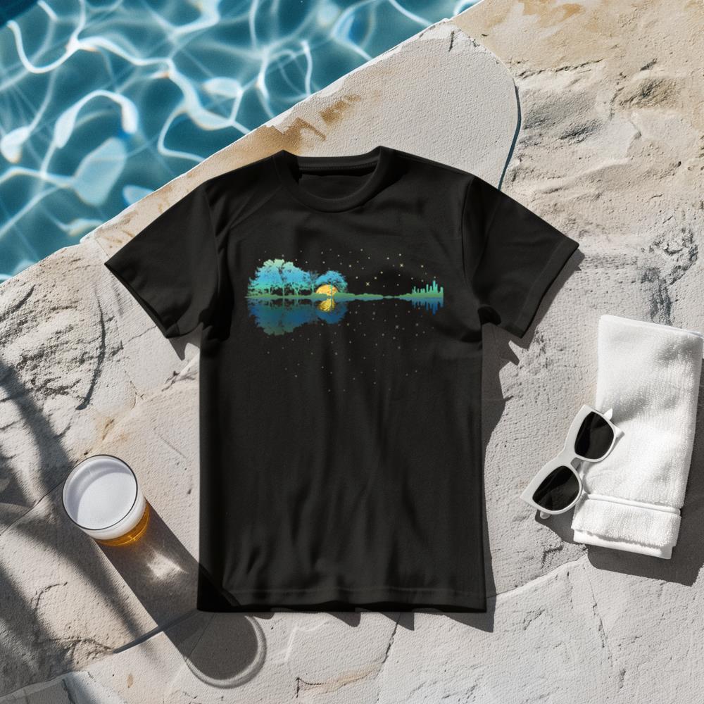 Guitar Lake Reflections Night Sky and Moon Guitar T-Shirt