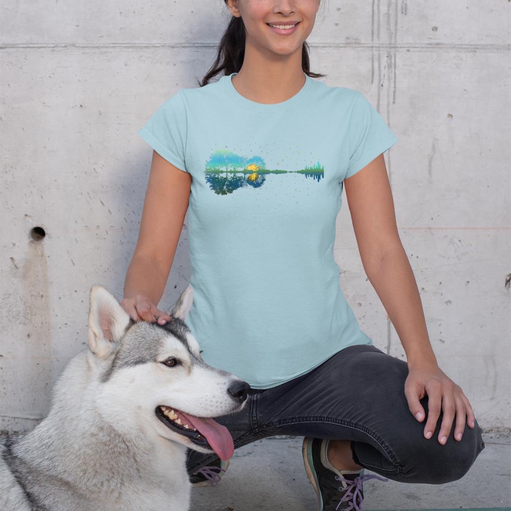 Guitar Lake Reflections Night Sky and Moon Guitar T-Shirt