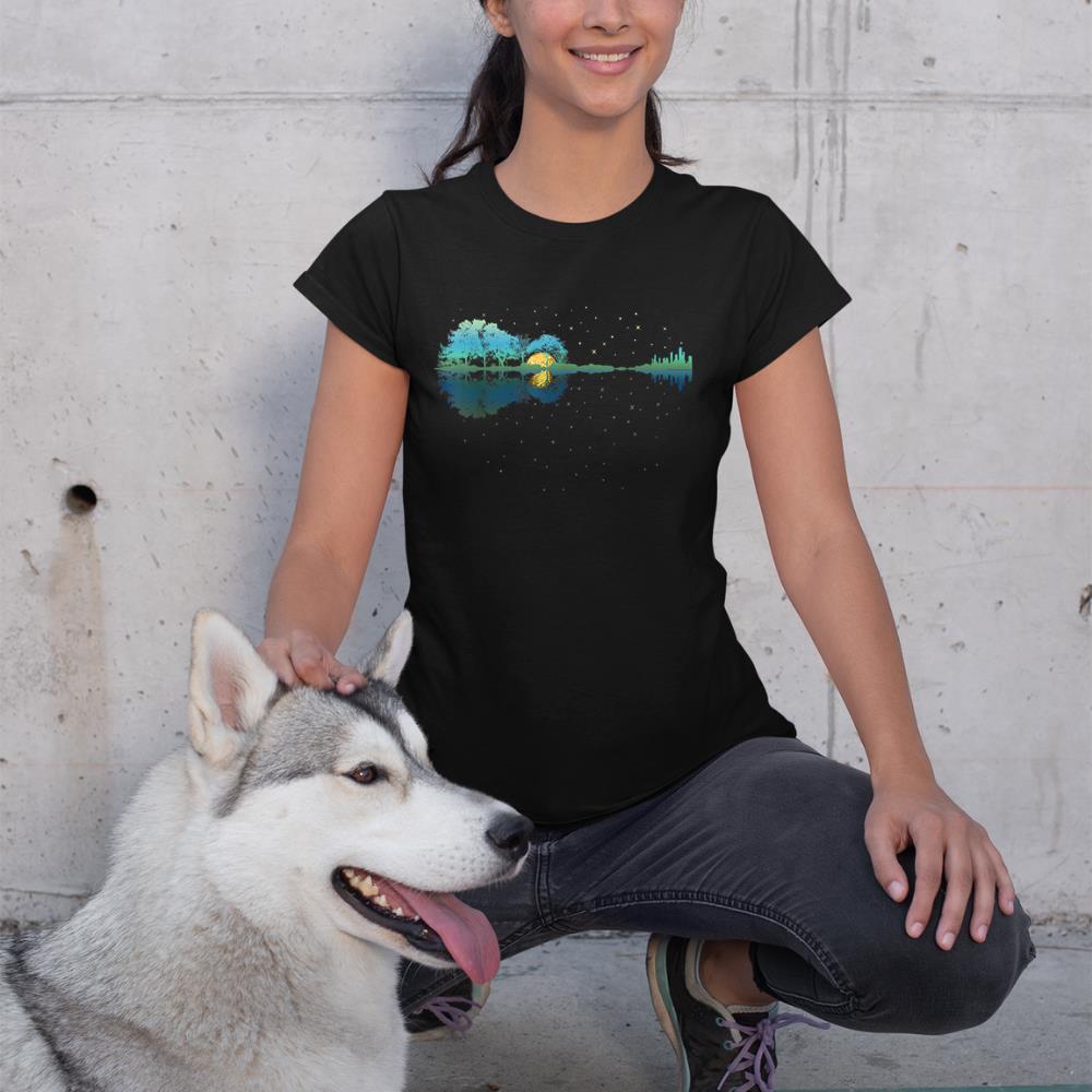 Guitar Lake Reflections Night Sky and Moon Guitar T-Shirt