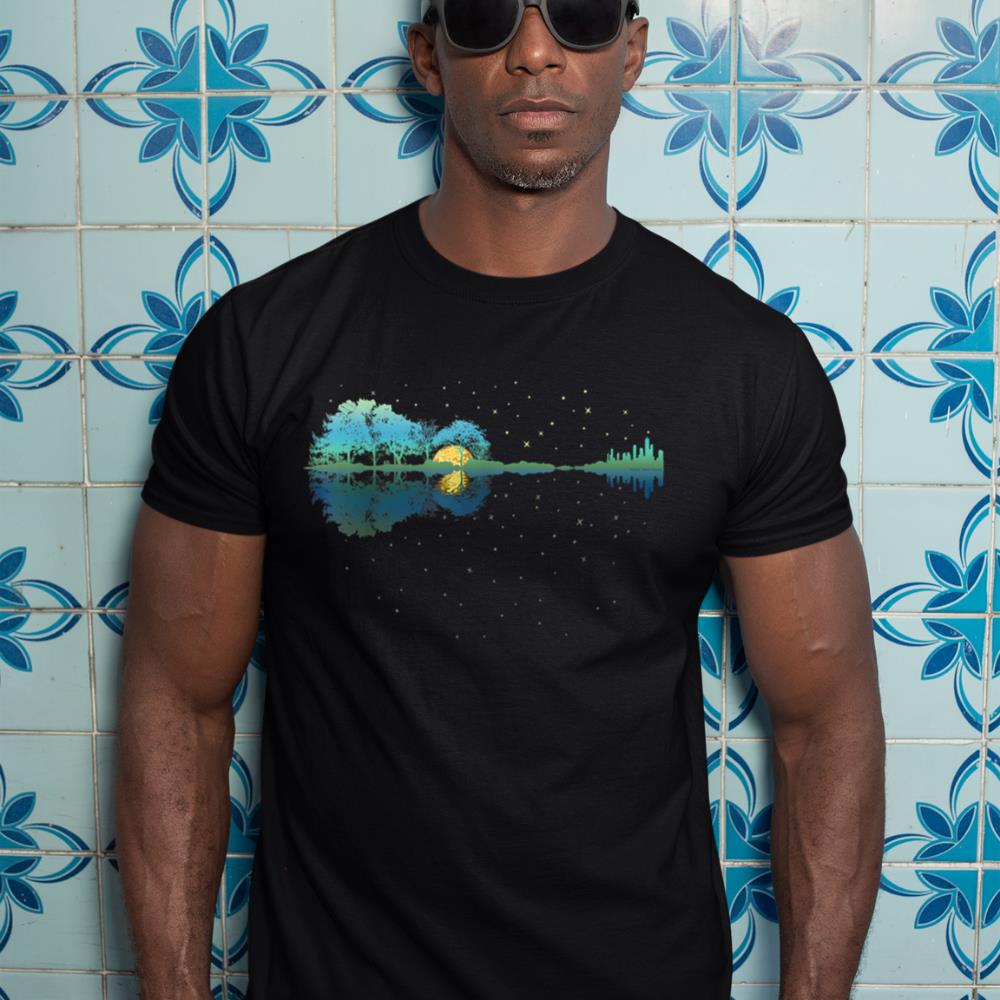 Guitar Lake Reflections Night Sky and Moon Guitar T-Shirt