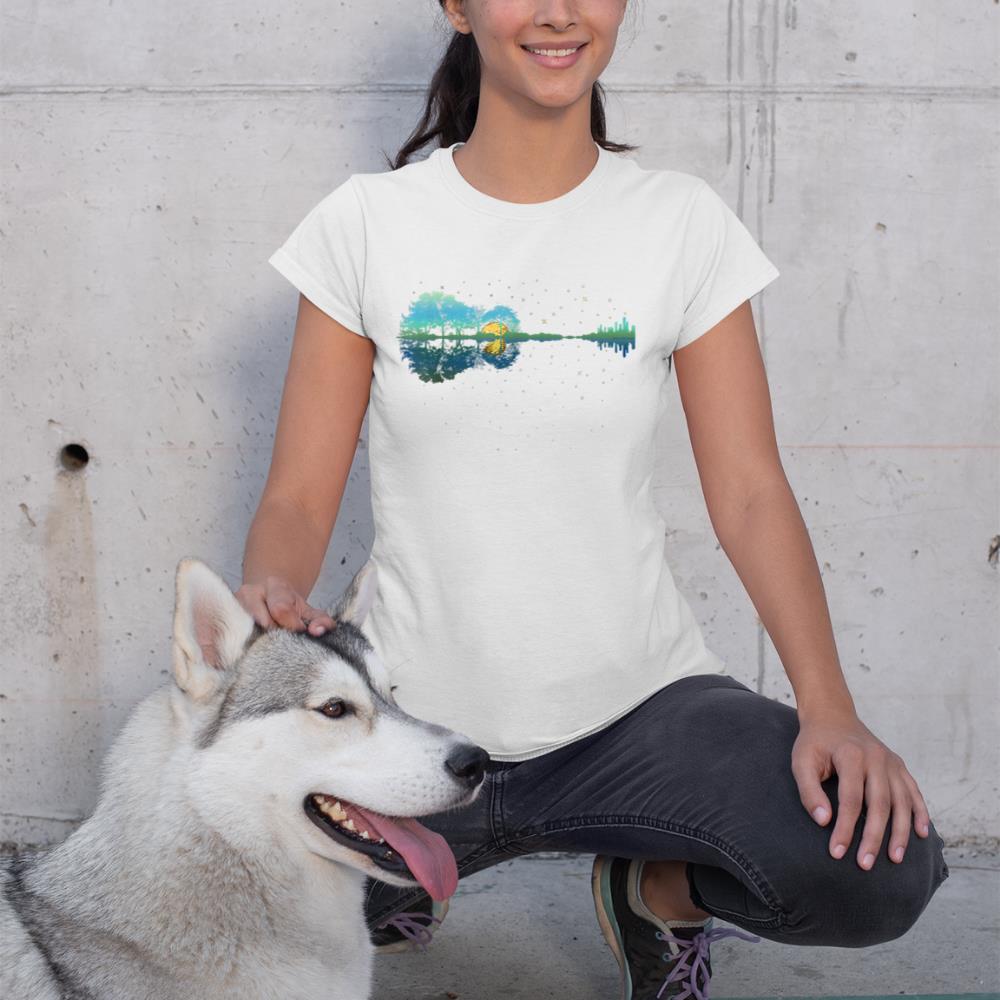 Guitar Lake Reflections Night Sky and Moon Guitar T-Shirt