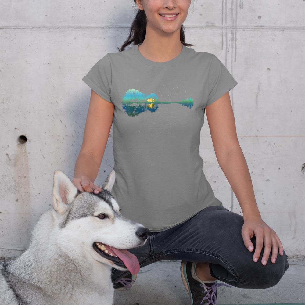Guitar Lake Reflections Night Sky and Moon Guitar T-Shirt