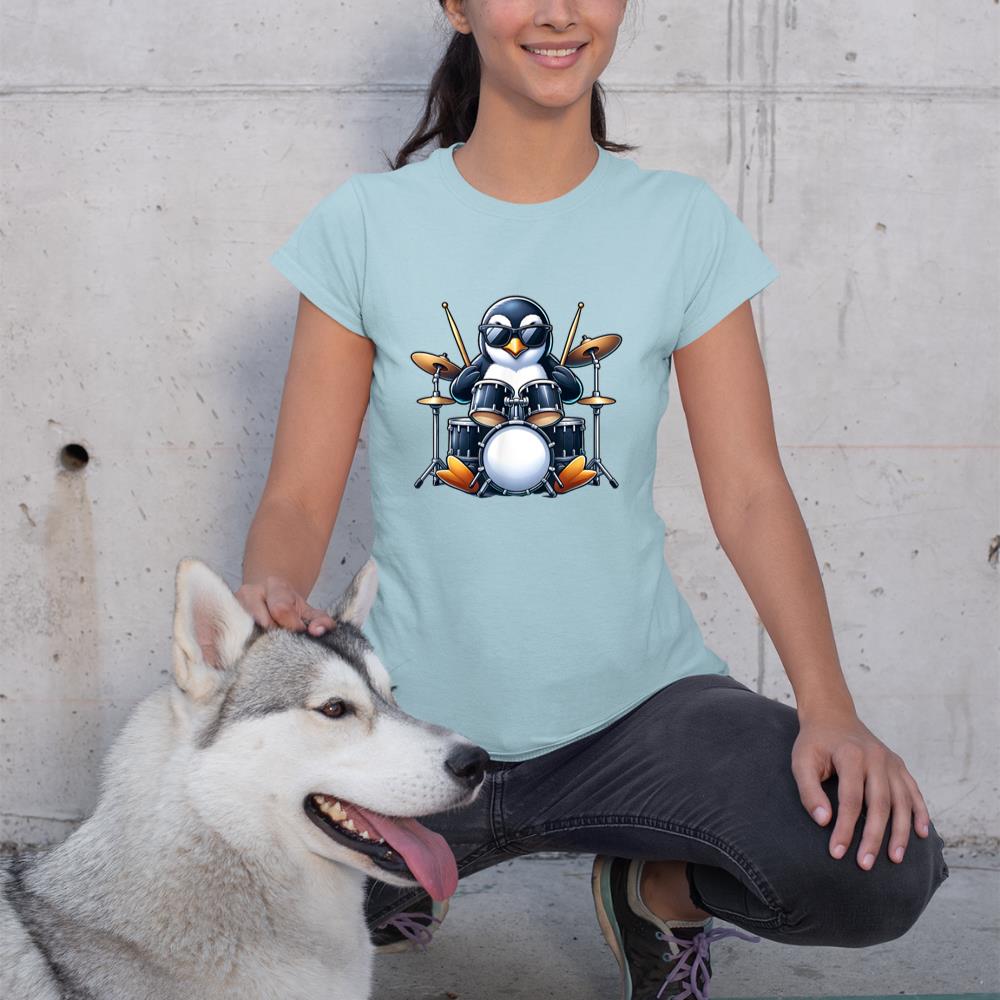 Penguin Playing Drums Rock Band Musician Funny Winter Theme T-Shirt