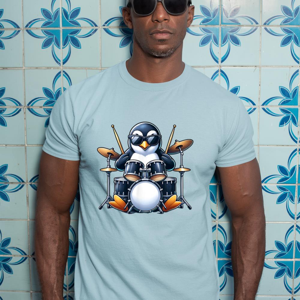 Penguin Playing Drums Rock Band Musician Funny Winter Theme T-Shirt