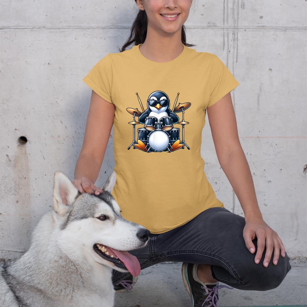 Penguin Playing Drums Rock Band Musician Funny Winter Theme T-Shirt