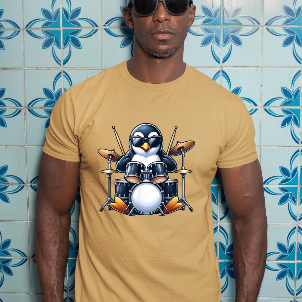 Penguin Playing Drums Rock Band Musician Funny Winter Theme T-Shirt