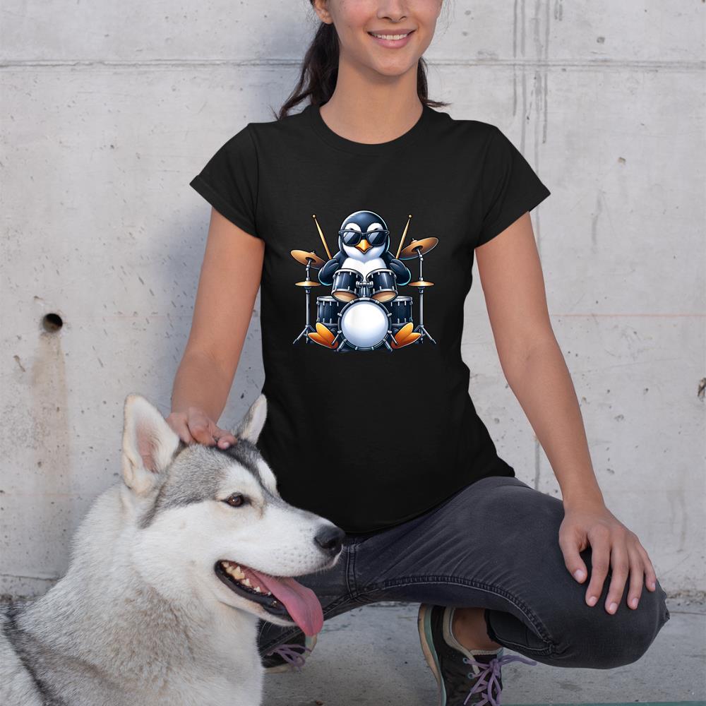 Penguin Playing Drums Rock Band Musician Funny Winter Theme T-Shirt