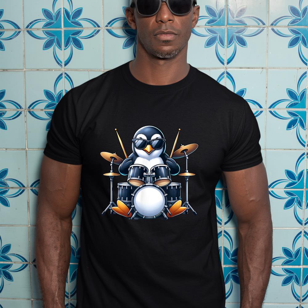 Penguin Playing Drums Rock Band Musician Funny Winter Theme T-Shirt