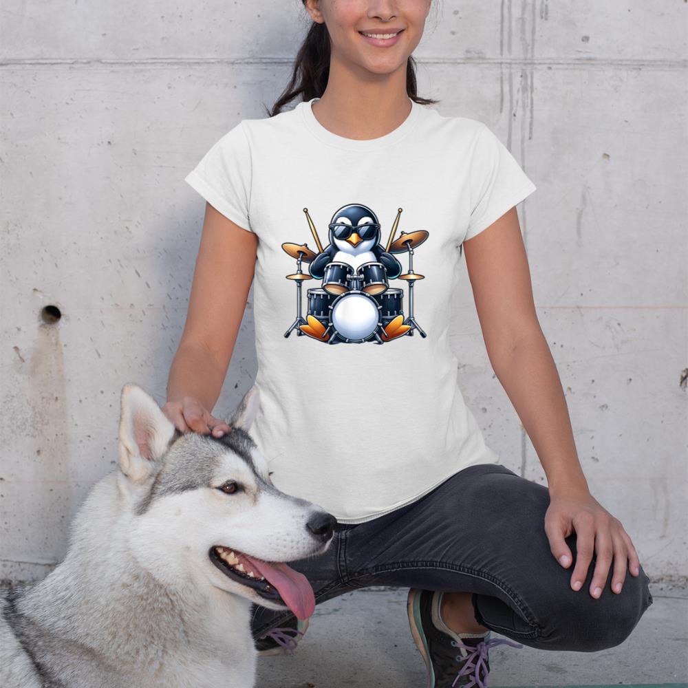 Penguin Playing Drums Rock Band Musician Funny Winter Theme T-Shirt