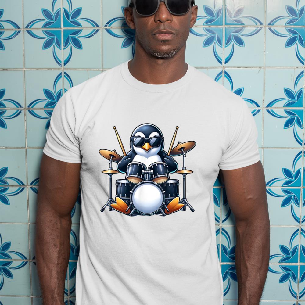 Penguin Playing Drums Rock Band Musician Funny Winter Theme T-Shirt