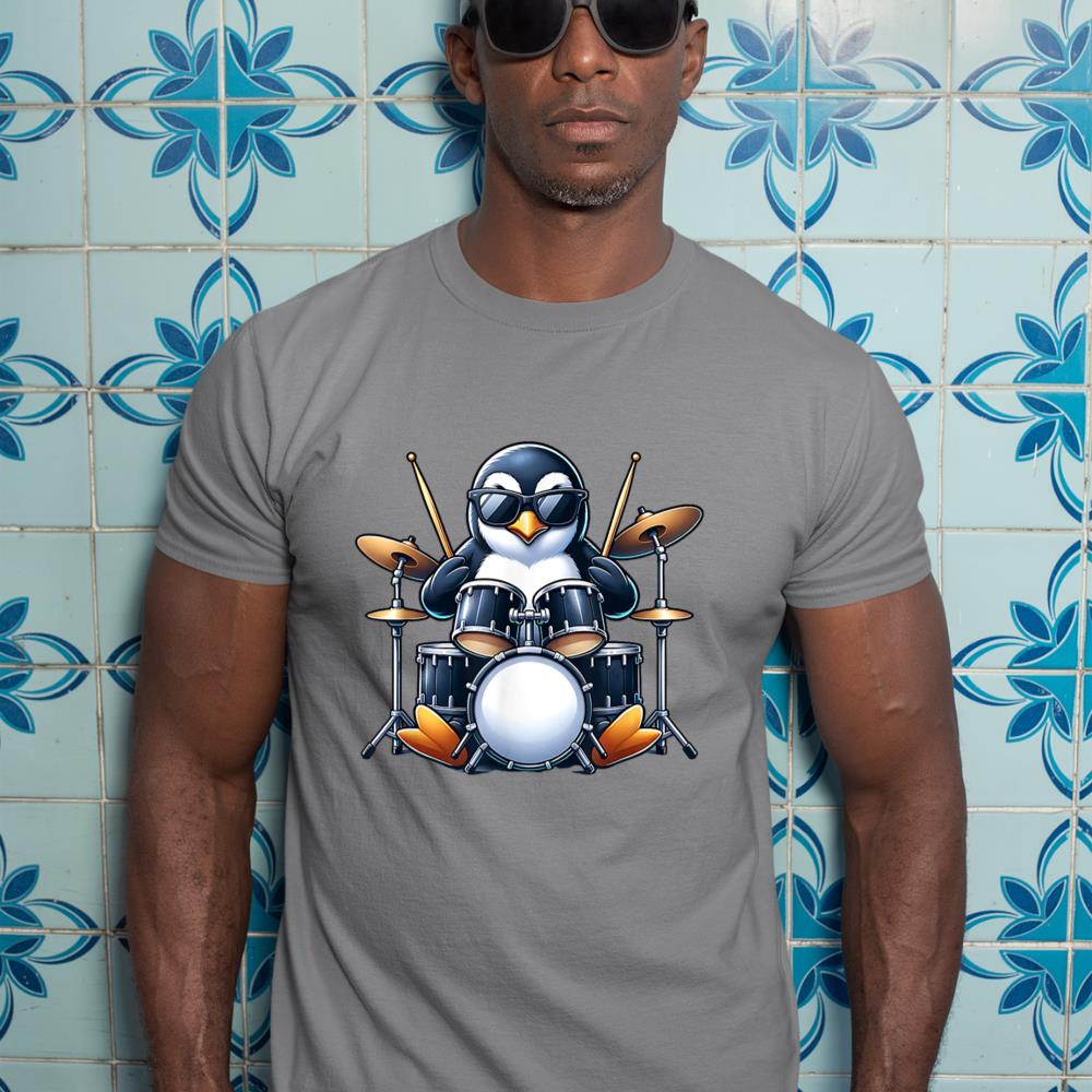 Penguin Playing Drums Rock Band Musician Funny Winter Theme T-Shirt